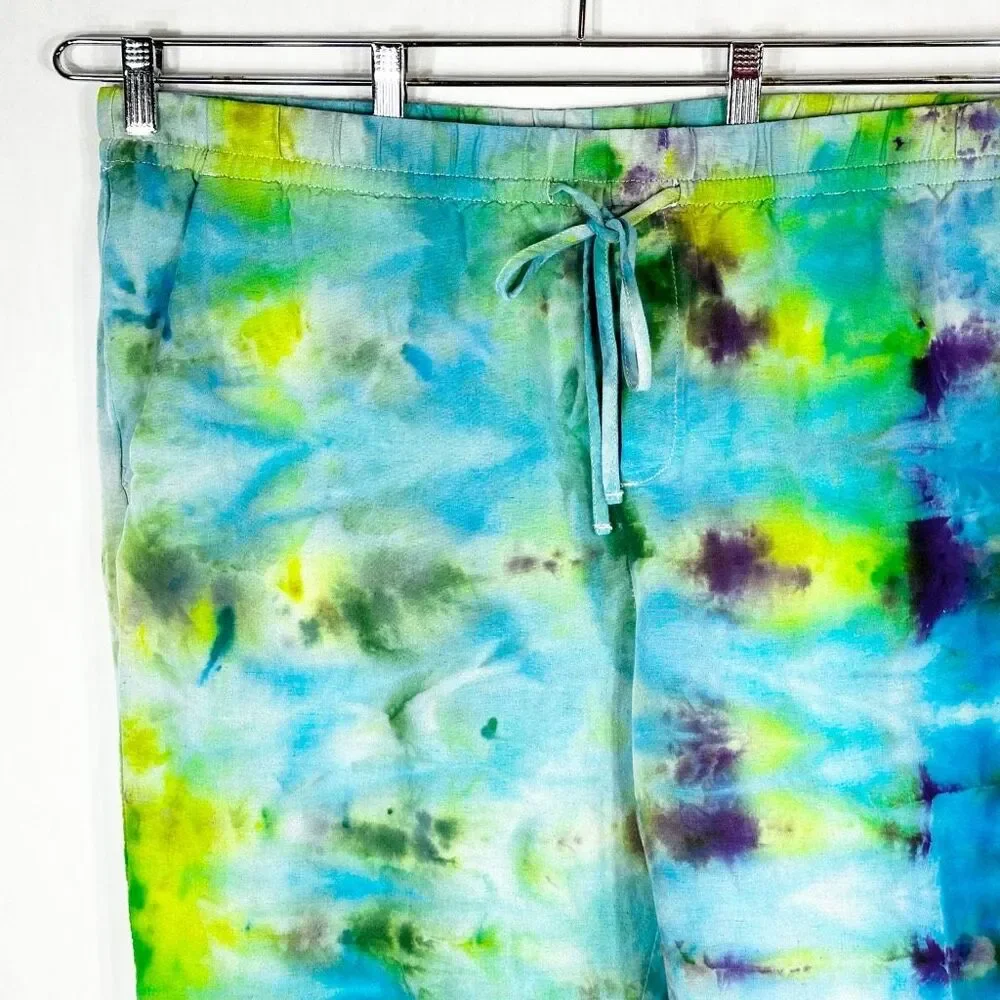 HM XL‎ Pants Dreaming Blue Tie Dye Handmade Blue Green Linen Cropped Pockets 689
